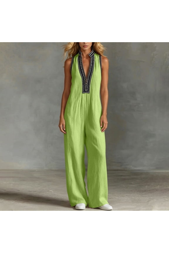 Women's Fashion Color Block V Neck Jumpsuit Zip Mandarin Collar Sleeveless Flowy Long Romper