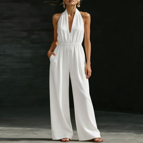 Ounisa Women's Fashion Solid V Neck Sleeveless Halter Neck Pocket Wide Leg Jumpsuit Casual Overall