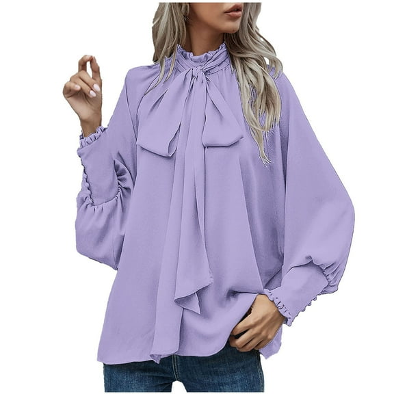 Ounisa Women's Fashion Tops Bow Tie Neck Long Sleeve Buttton Cuff Chiffon Elegant Casual Solid Blouse Pullover