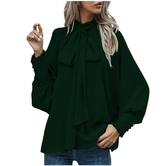 Ounisa Women's Fashion Tops Bow Tie Neck Long Sleeve Buttton Cuff Chiffon Elegant Casual Solid Blouse Pullover