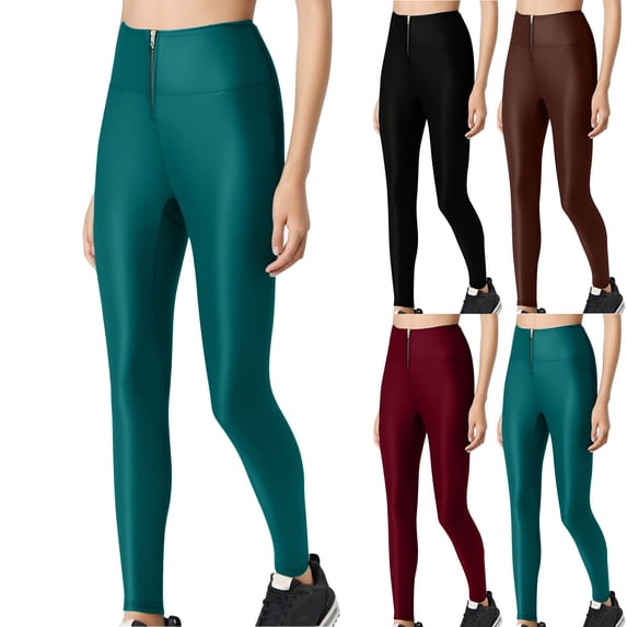 Ounisa Women's Faux Leather Zip Detail Leggings, Sporty High Waist Pants with Edgy Design for Trendy Active Style
