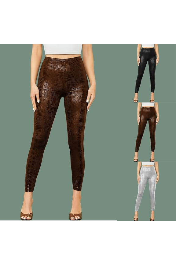 Women's Faux Patent Leather Leggings with Snake Scale Texture, High Gloss Stretchy Tights for Bold Fashion Look