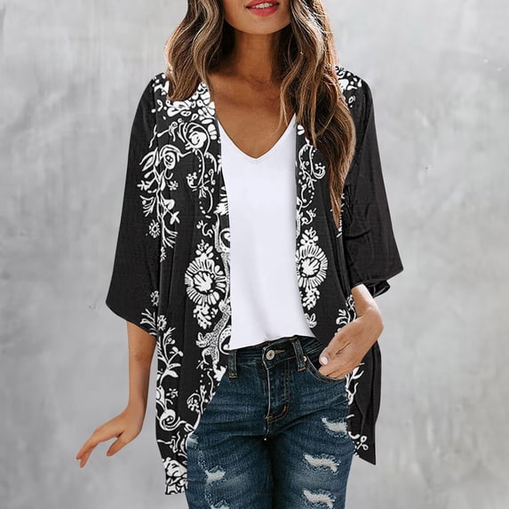 Ounisa Women's Floral Print Puff Sleeve Kimono Cardigan Loose Cover Up Casual Blouse Tops 2026
