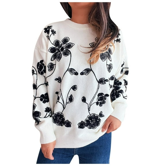 Ounisa Women's Floral Sweaters Fall Winter Crew Neck Pullover Tops Long Sleeve Casual Loose Sweater Knit