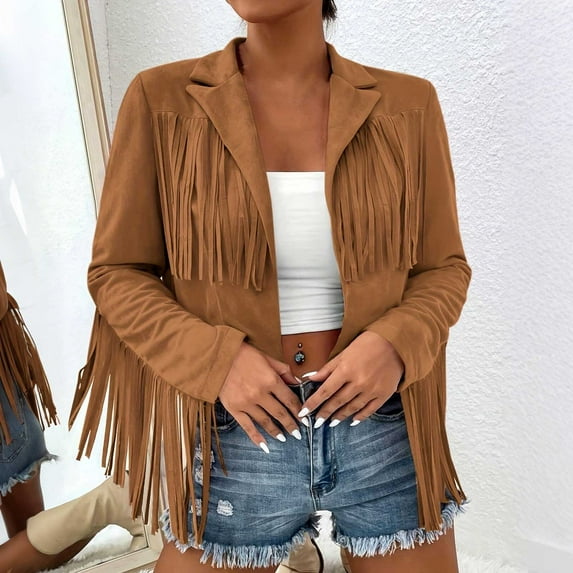 Ounisa Women's Fringe Faux Suede Leather Jackets Fall Fashion 2025 Tassel Motorcycle Cropped Coats
