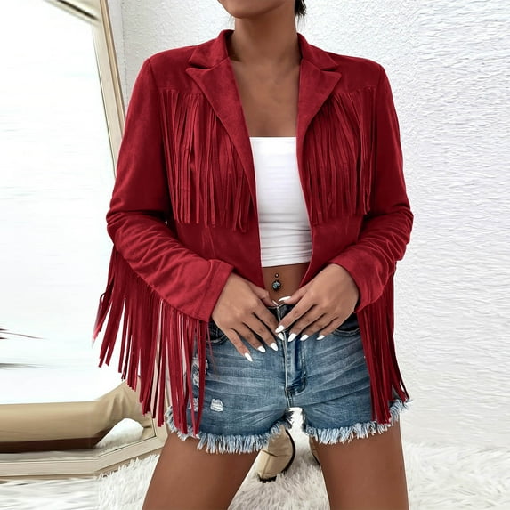 Ounisa Women's Fringe Faux Suede Leather Jackets Fall Fashion 2025 Tassel Motorcycle Cropped Coats
