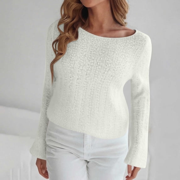 Ounisa Women’s Fuzzy Knit Color 2025 Block Sweater Long Sleeve Off Shoulder Skew Neck Bell Sleeve Cropped Pullover Top