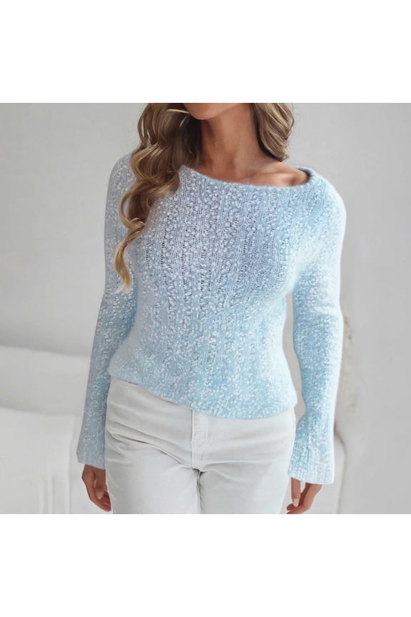 Women’s Fuzzy Knit Color 2025 Block Sweater Long Sleeve Off Shoulder Skew Neck Bell Sleeve Cropped Pullover Top