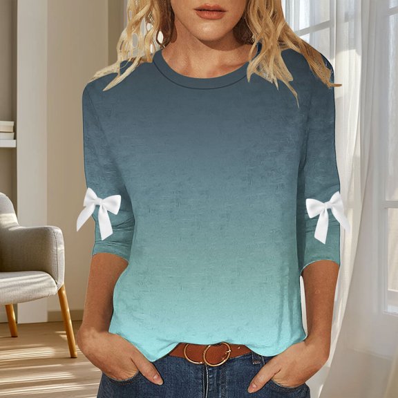 Ounisa Women's Gradient Tops Casual 3/4 Sleeve Bow Printed Raglan Clothes Crewneck Pullover Loose Shirts S-5XL