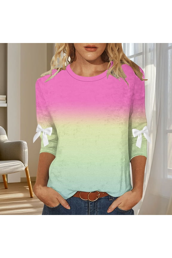 Women's Gradient Tops Casual 3/4 Sleeve Bow Printed Raglan Clothes Crewneck Pullover Loose Shirts S-5XL
