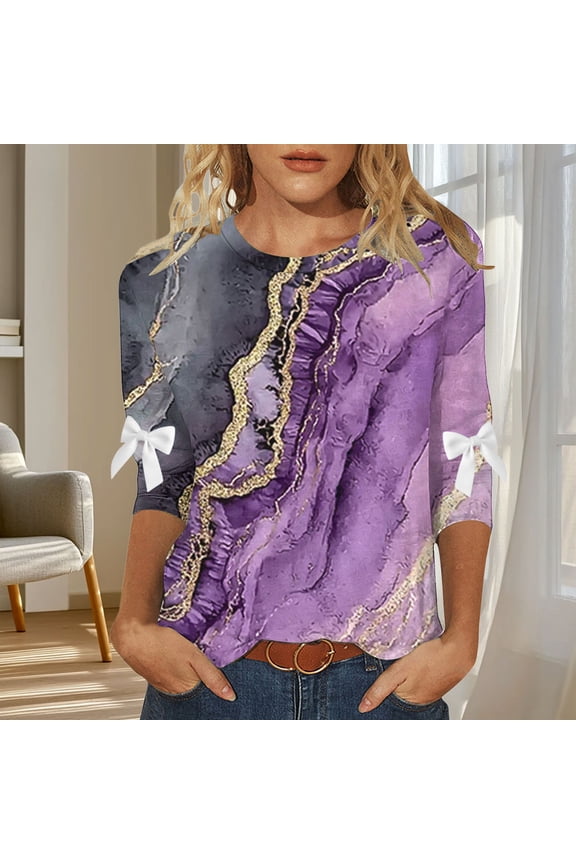 Women's Gradient Tops Casual 3/4 Sleeve Bow Printed Raglan Clothes Crewneck Pullover Loose Shirts S-5XL