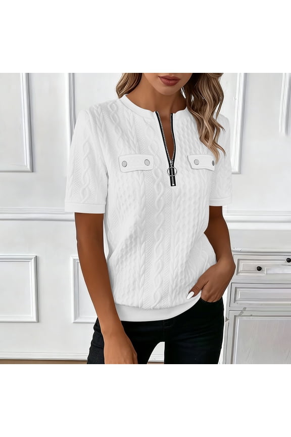 Women's Half Zip Quilted Sweatshirts Crew Neck Short Sleeve Pullover Tops Textured Solid Fall Fashion Tops