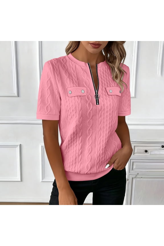 Women's Half Zip Quilted Sweatshirts Crew Neck Short Sleeve Pullover Tops Textured Solid Fall Fashion Tops