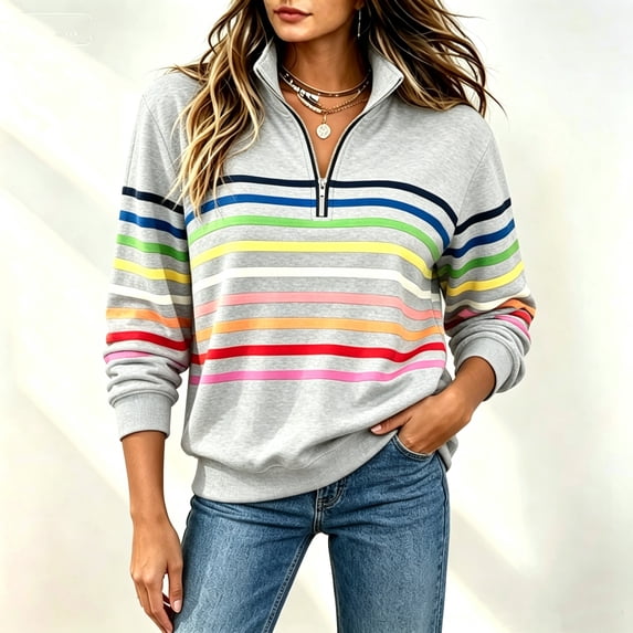 Ounisa Women's Half Zip Sweatshirt Striped Color Block Long Sleeve Pullover Tops Fall Casual Lightweight Shirts