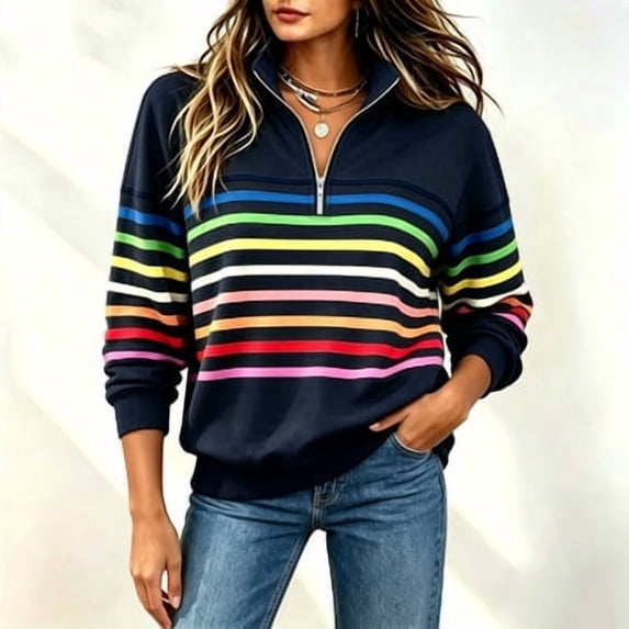 Ounisa Women's Half Zip Sweatshirt Striped Color Block Long Sleeve Pullover Tops Fall Casual Lightweight Shirts