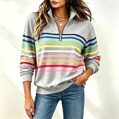 Ounisa Women's Half Zip Sweatshirt Striped Color Block Long Sleeve Pullover Tops Fall Casual Lightweight Shirts