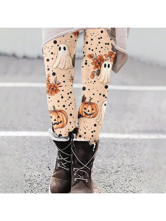 Women's Halloween Bat Ghost Print High Waist Leggings, Stretchy Full Length Tights with Fun Spooky Graphic for Active Casual Days