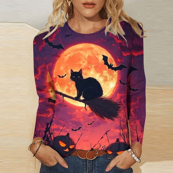 Ounisa Women's Halloween Print Crew Neck Long Sleeve Top, Soft Casual Pullover with Fun Graphic for Fall Season