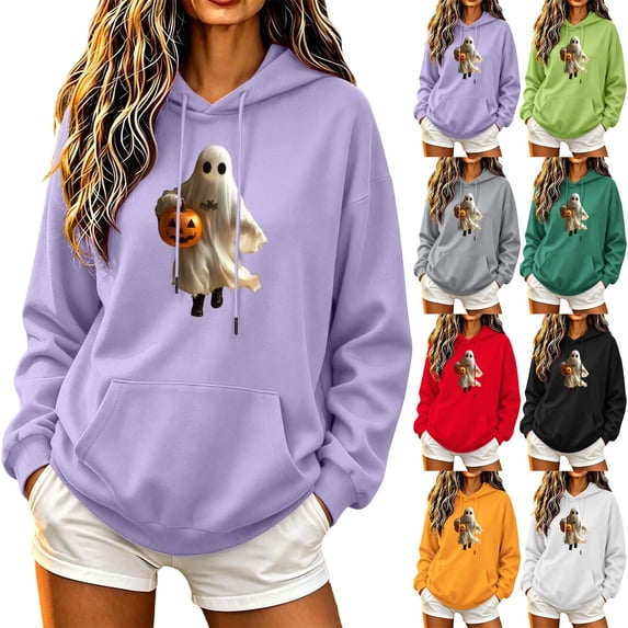 Ounisa Women's Halloween Print Hooded Long Sleeve Pullover Sweatshirt, Soft Cozy Top for Fall Casual Wear