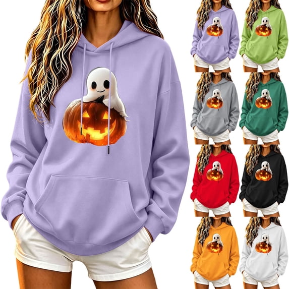 Ounisa Women's Halloween Print Hooded Long Sleeve Pullover Sweatshirt, Soft Cozy Top for Fall Casual Wear