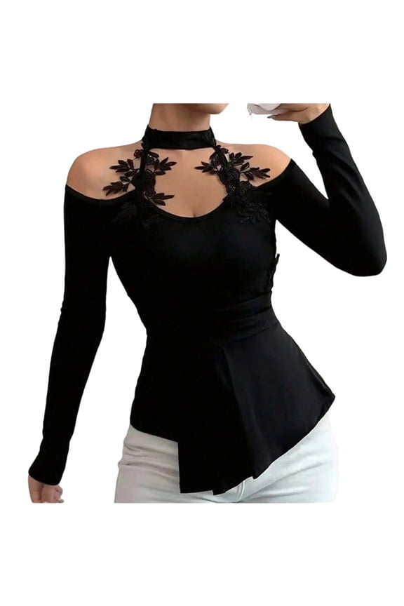 Women's Halter Tops Floral Embroidery Long Sleeve Ruched Asymmetrical Hem Fitted Fall Winter Pullover