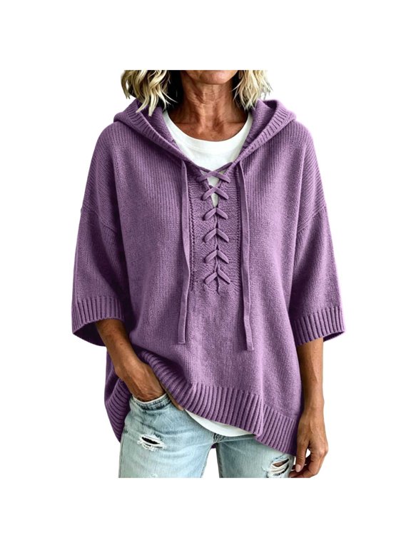 Women's Hooded Knit Sweater 3/4 Sleeve Lace Up V Neck Drawstring Loose Fit Pullover Casual Fall Winter Oversized Knit Tops