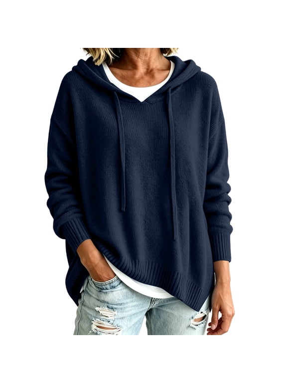 Women's Hooded Knit Sweater 3/4 Sleeve V Neck Drawstring Loose Fit Pullover Casual Fall Winter Oversized Knit Tops
