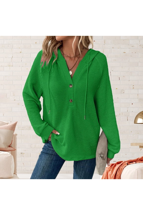 Women's Hoodies Casual Long Sleeve Quilted Half Button Drop Shoulder Pullover Tops Loose Drawstring Hooded Sweatshirt