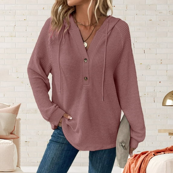 Ounisa Women's Hoodies Casual Long Sleeve Quilted Half Button Drop Shoulder Pullover Tops Loose Drawstring Hooded Sweatshirt