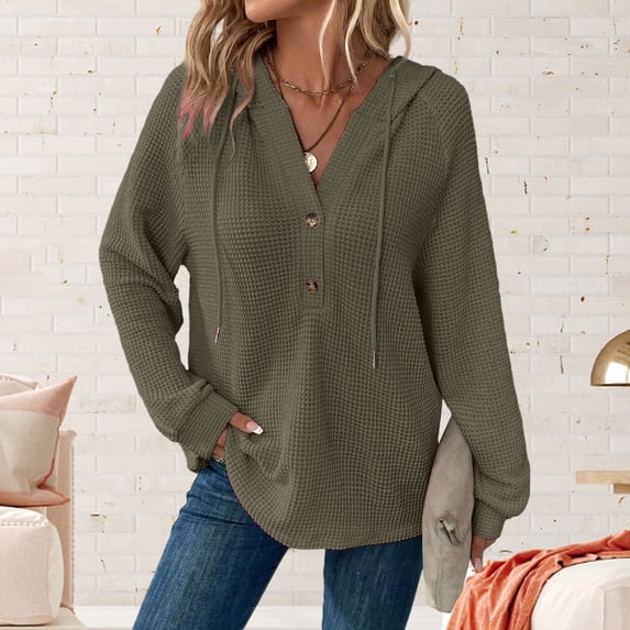 Ounisa Women's Hoodies Casual Long Sleeve Quilted Half Button Drop Shoulder Pullover Tops Loose Drawstring Hooded Sweatshirt