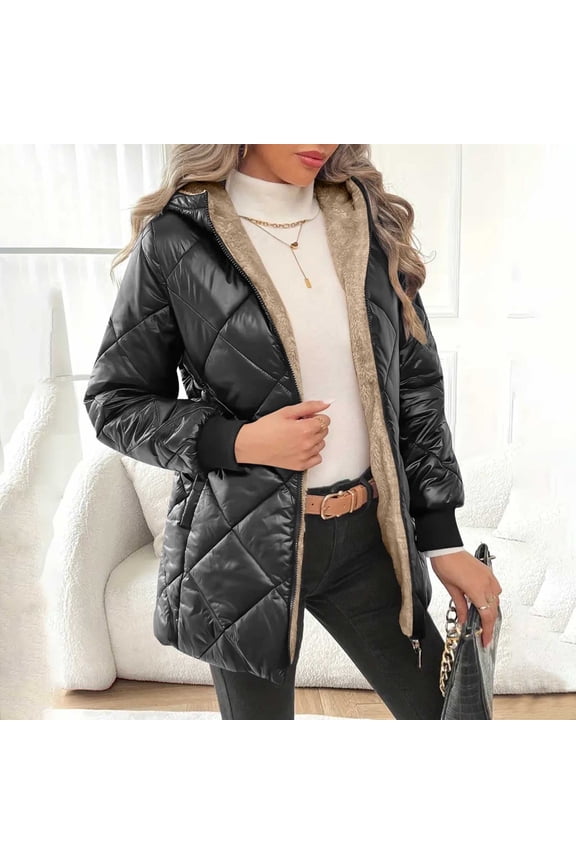 Women's Hoodies Diamond Quilted Jacket Zipper Up Hooded Mid Length Lightweight Padding Down Coat with Pockets