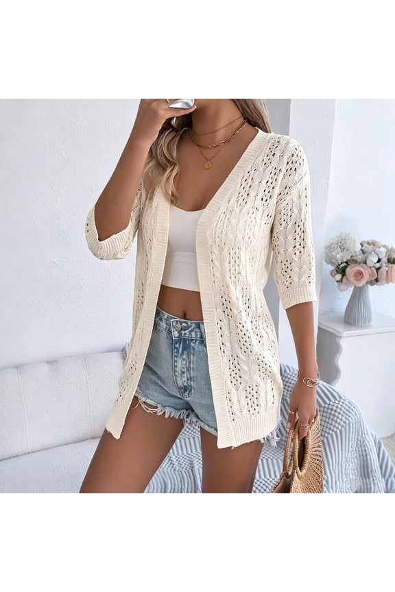 Women's Lace Cut Out Loose Top 3/4 Sleeve Summer Knit Open Front Cardigan Casual Lightweight Duster