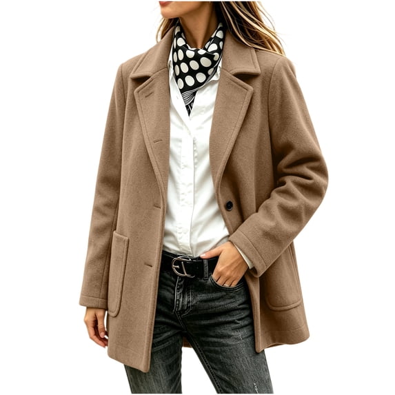 Ounisa Women's Lapel Peacoat Solid Color Blend Coat Double Pockets Long Sleeve Business Winter Outerwear