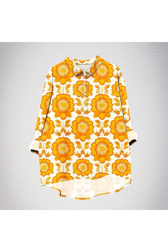 Women's Lapel Shirt Long Sleeve Loose Yellow Floral Print Blouse Summer Lightweight Casual Top