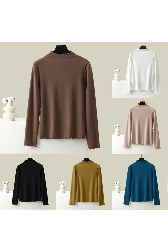 Women's Lettuce Edge Trim Mock Neck Undershirts Long Sleeve Slim Fitted T-Shirt Tops Lightweight Knit Underwear Tops