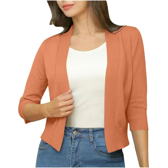 Ounisa Women's Lightweight Cardigan Cropped 3/4 Sleeve Shrug Thin Open Front Sheer Bolero for Dresses