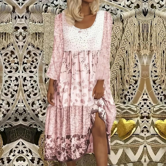 Ounisa Women's Long Sleeve Boho Midi Dress Crewneck Floral Print Casual Button Down Loose Ruffle Beach Long Dress with Belt