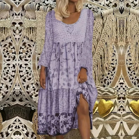 Ounisa Women's Long Sleeve Boho Midi Dress Crewneck Floral Print Casual Button Down Loose Ruffle Beach Long Dress with Belt