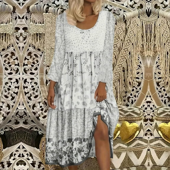 Ounisa Women's Long Sleeve Boho Midi Dress Crewneck Floral Print Casual Button Down Loose Ruffle Beach Long Dress with Belt