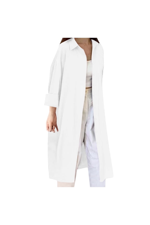 Women's Long Sleeve Maxi Cardigans Casual Loose Open Front Cotton Linen Coat Cardigan Button Down Oversized Duster