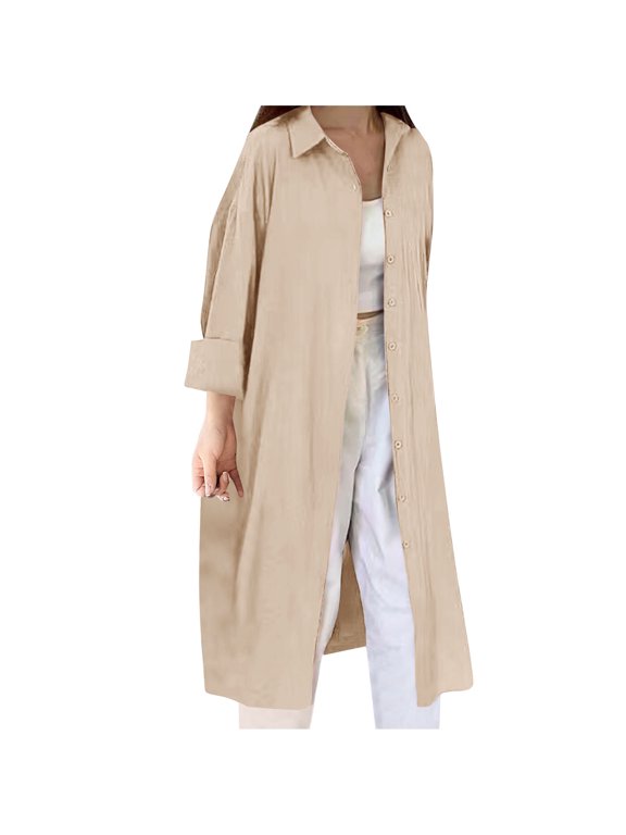 Women's Long Sleeve Maxi Cardigans Casual Loose Open Front Cotton Linen Coat Cardigan Button Down Oversized Duster