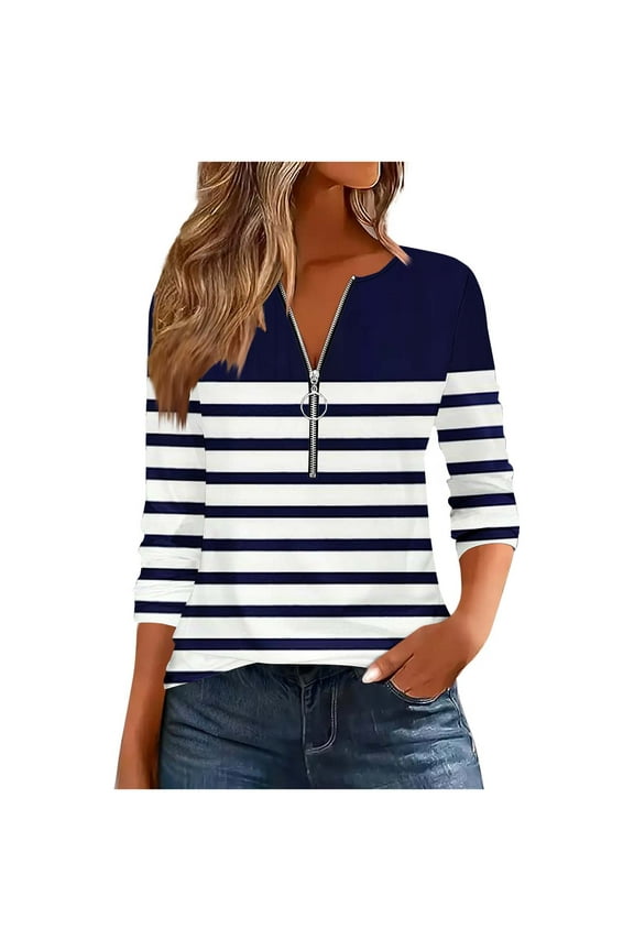 Women's Long Sleeve Shirts Color Block Stripe Zipper Tops Tunics Casual Fall Ladies Tees