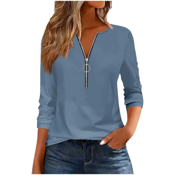 Ounisa Women's Long Sleeve Shirts Solid Color Zipper Tops Tunics Casual Fall Ladies Tees