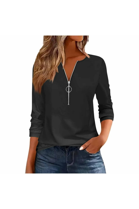 Women's Long Sleeve Shirts Solid Color Zipper Tops Tunics Casual Fall Ladies Tees