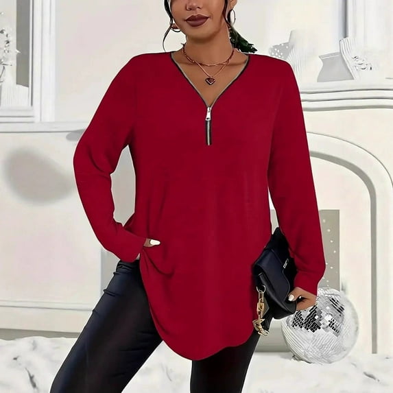 Ounisa Women's Long Sleeve Shirts Zipper Solid Color V Neck Tunic Tops Casual Blouse