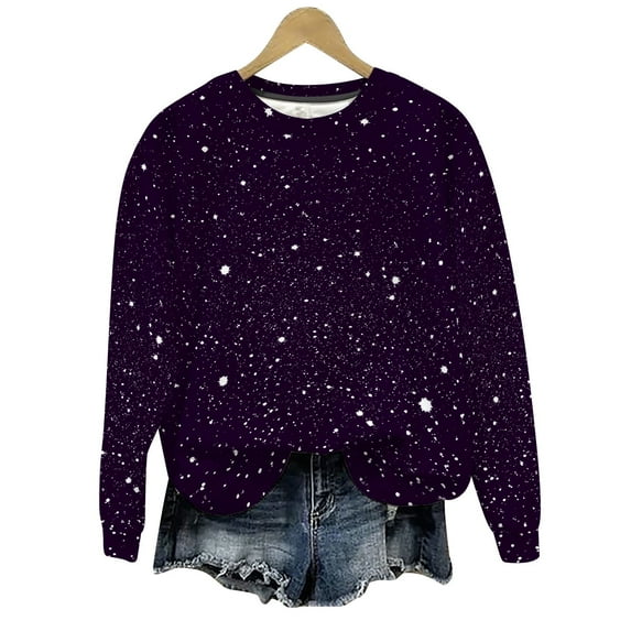 Ounisa Women's Long Sleeve Stylish Pullover Sweatshirt Casual Shiny Print Round Neck Top Everyday Wear Thin Hoodless Sweatshirt