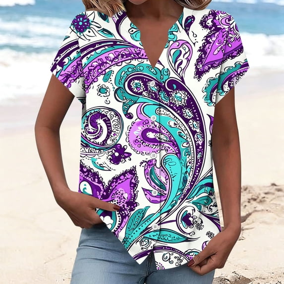 Ounisa Women's Loose V Neck Button Placket Drop Shoulder Sleeve Allover Print Casual Breathable Blouse