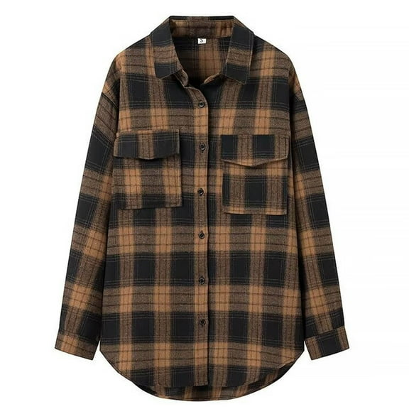 Ounisa Women's Mid Length Plaid Shacket Fall Oversized Long Lapel Button Down Shirt Jacket Trench Coat with Pocket