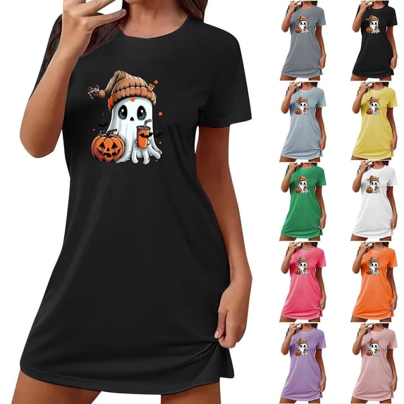 Ounisa Women's NIghtgown Pajamas Short Sleeve Fashion Halloween Cute Casual Printed Comfort Loose Short Nightdress