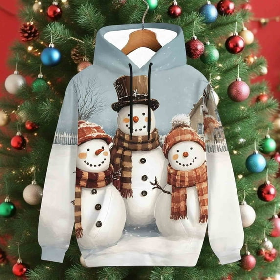 Ounisa Women's Novelty Christmas Santa Claus Snowman Print Hoodies Long Sleeve Hooded Sweatshirt Jacket with Pocket